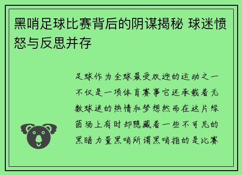 黑哨足球比赛背后的阴谋揭秘 球迷愤怒与反思并存