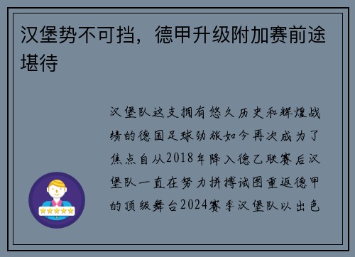 汉堡势不可挡，德甲升级附加赛前途堪待