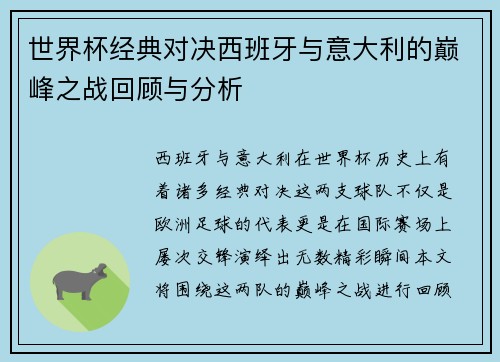 世界杯经典对决西班牙与意大利的巅峰之战回顾与分析