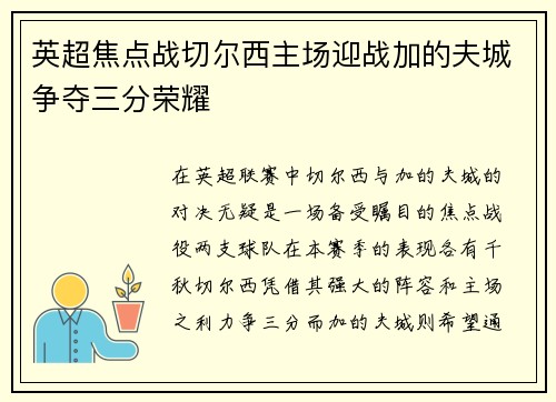 英超焦点战切尔西主场迎战加的夫城争夺三分荣耀