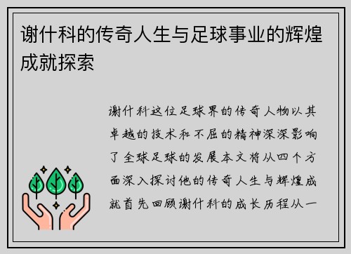 谢什科的传奇人生与足球事业的辉煌成就探索