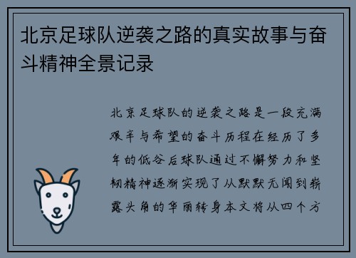 北京足球队逆袭之路的真实故事与奋斗精神全景记录