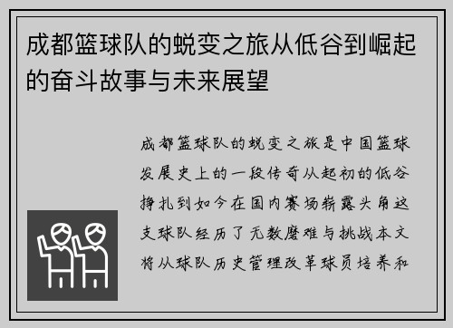 成都篮球队的蜕变之旅从低谷到崛起的奋斗故事与未来展望