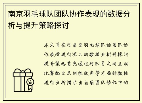 南京羽毛球队团队协作表现的数据分析与提升策略探讨
