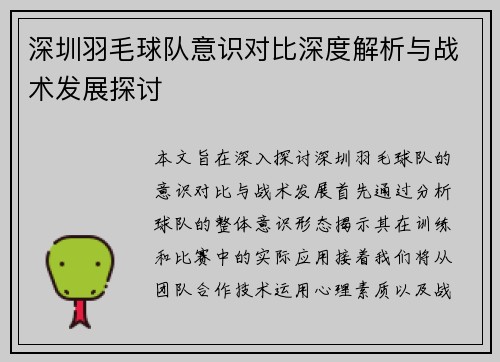 深圳羽毛球队意识对比深度解析与战术发展探讨