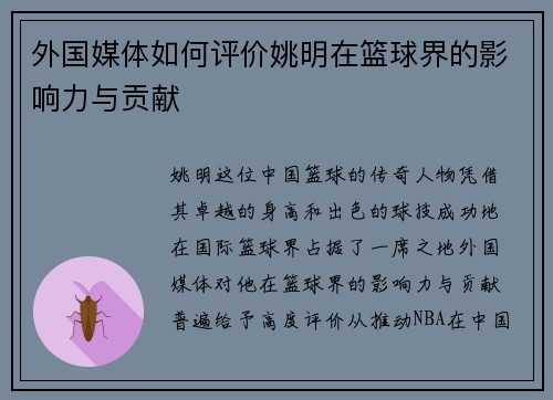外国媒体如何评价姚明在篮球界的影响力与贡献